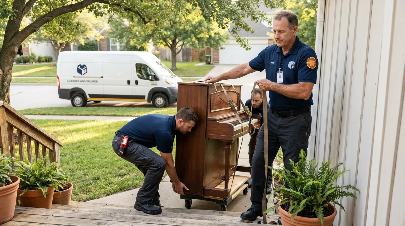 Licensed piano movers securing grand piano in Gilmanton, NH