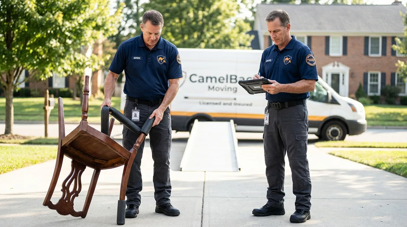 Movers inspecting furniture for damage prevention before loading in Gilmanton, NH