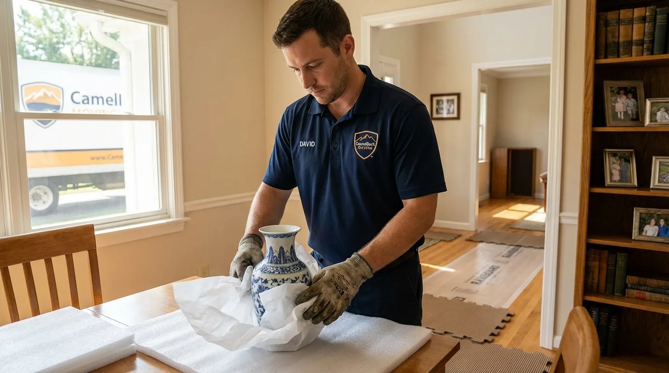 Professional crew carefully wrapping antique vase for senior downsizing move in Gilmanton, NH
