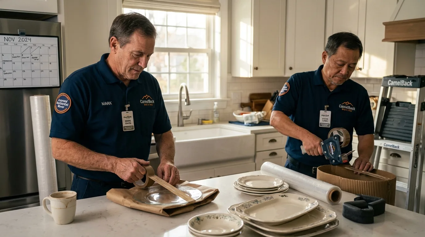 Professional crew packing kitchen dishware in Gilmanton, NH